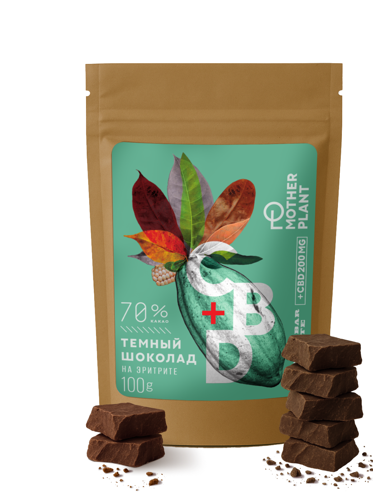 MotherPlant, Тёмный шоколад на эритрите (70% какао, 200 мг CBD), 100 г