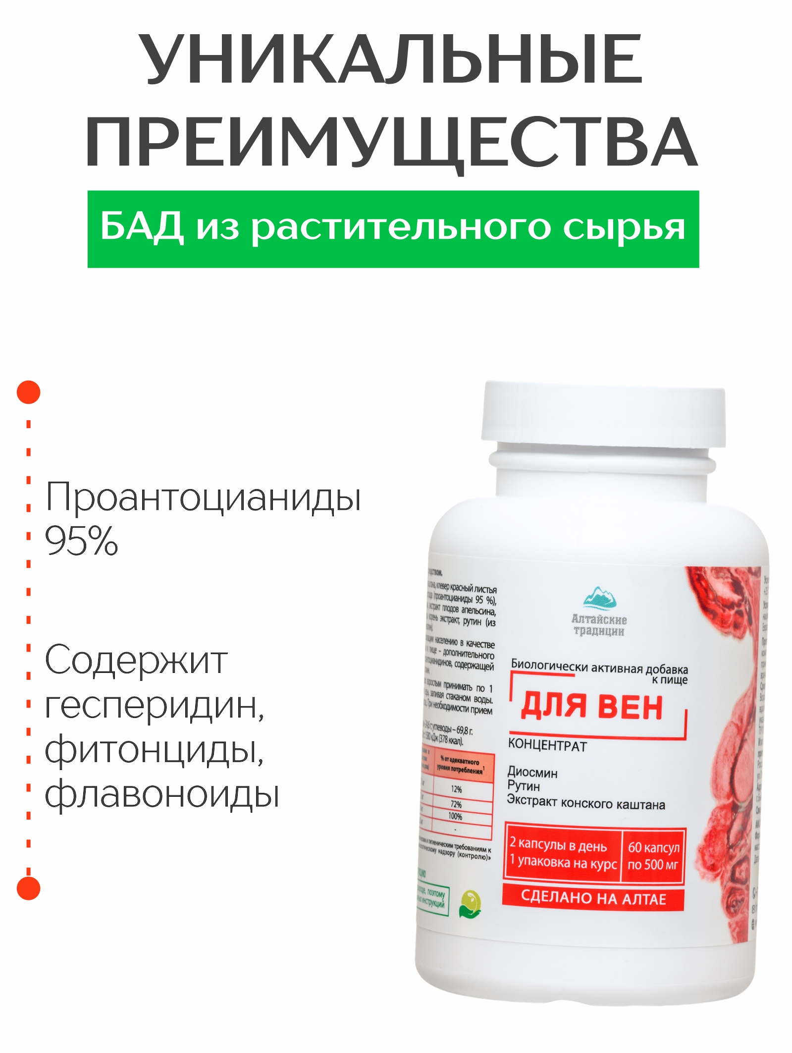 Алтай Простые решения, Концентрат «Для вен» с рутином, диосмином и экстрактом виноградной косточки, капсулы, 60 шт.