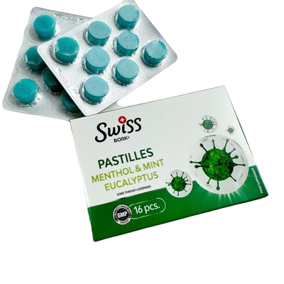 Swiss BORK, Таблетки для рассасывания с ментолом, мятой и эвкалиптом, 16 шт