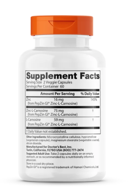 Doctor's Best, PepZinGl, Комплекс «Цинк + L-карнозин», капсулы, 120 шт.