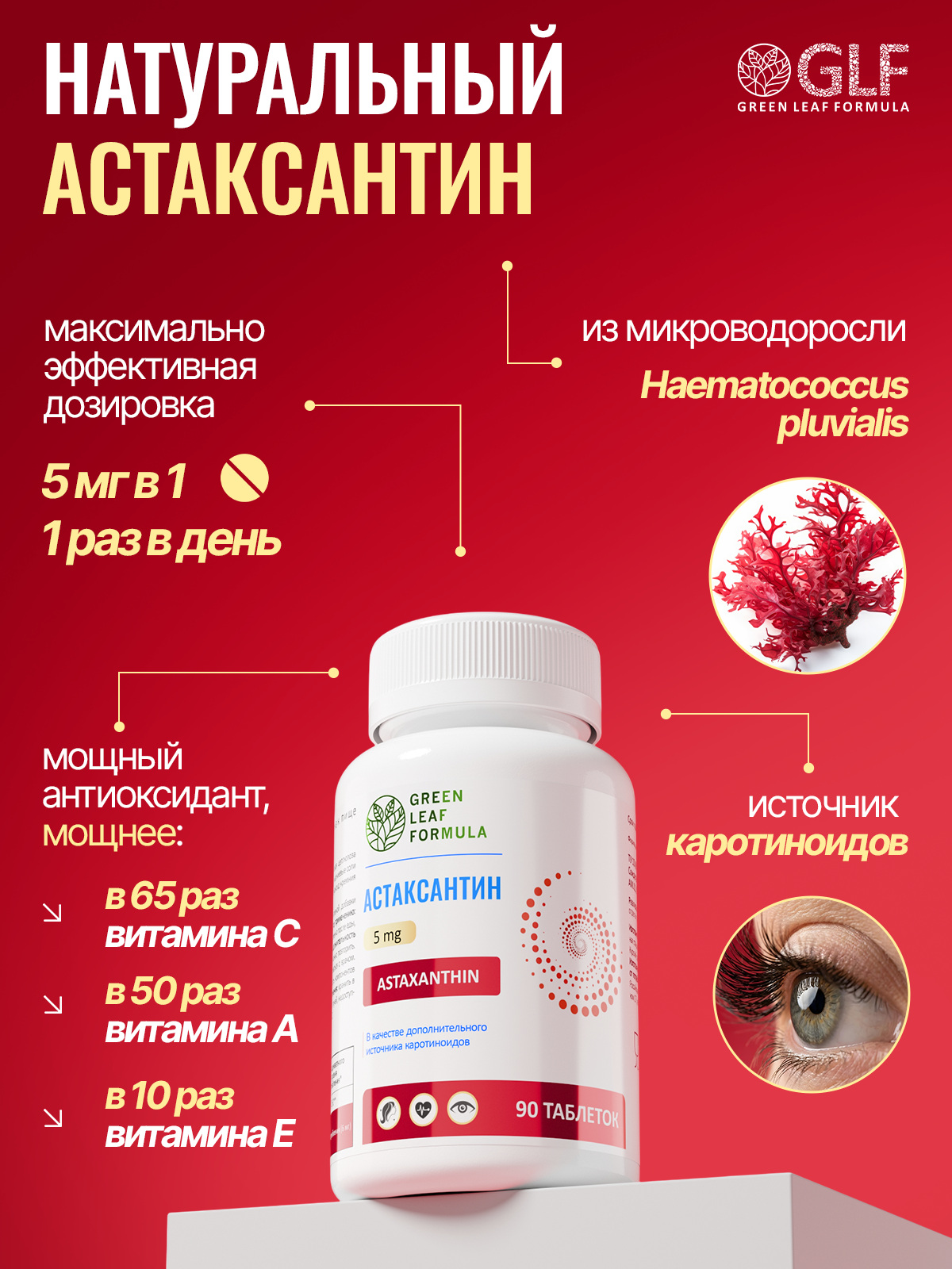 Green Leaf Formula, Астаксантин (против старения), таблетки, 90 шт.