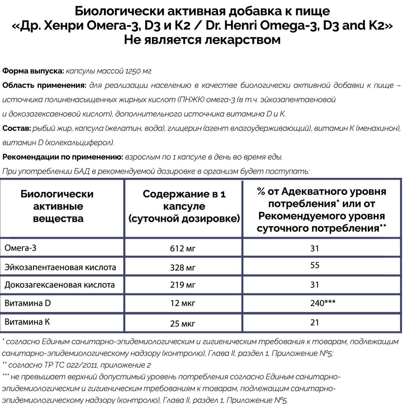Dr.Henri, Омега-3 + D3 + K2, капсулы, 60 шт.