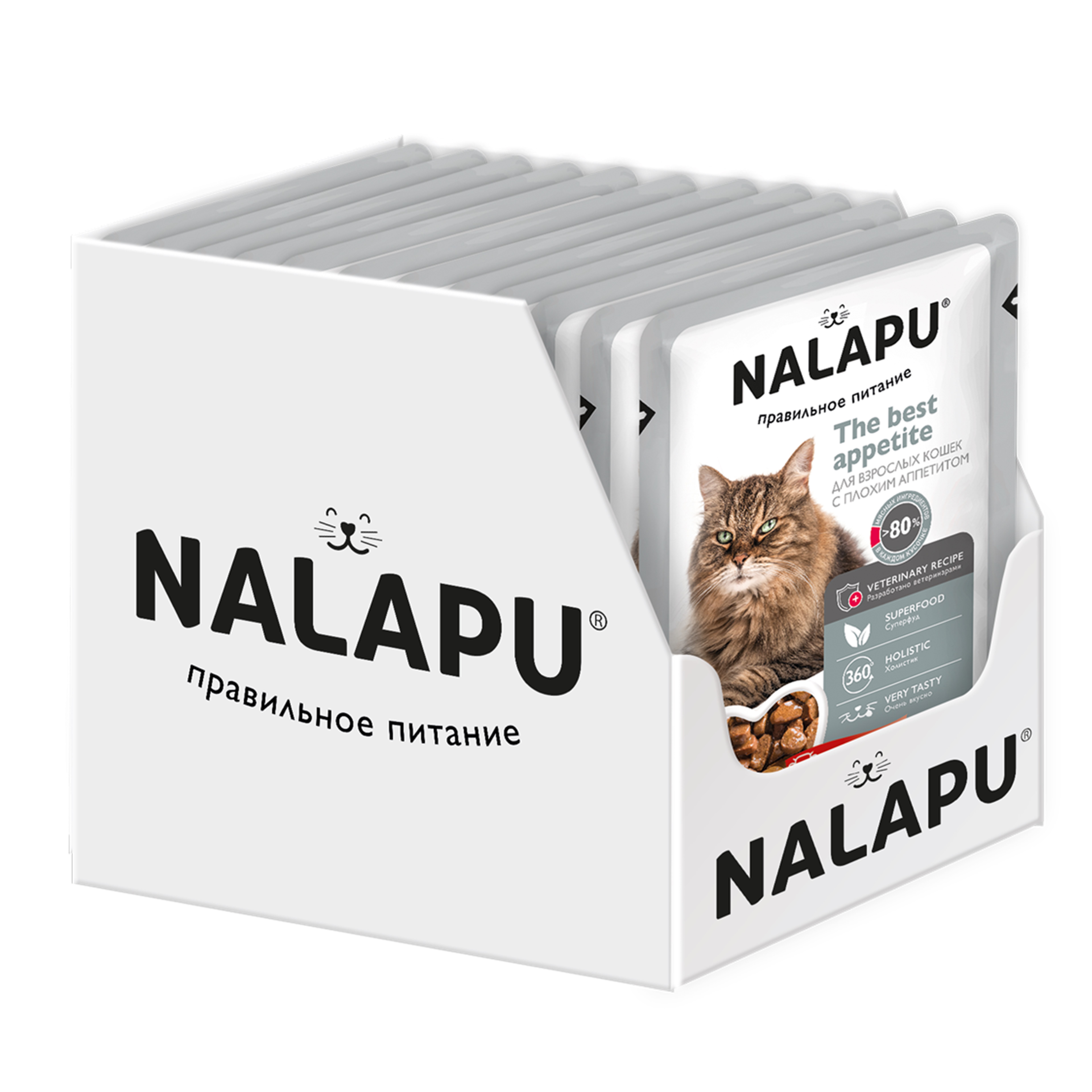 NALAPU, The Best Appetite (консервированный корм для взрослых кошек), с мясом телятины и куриными сердечками в соусе, 12*77 г