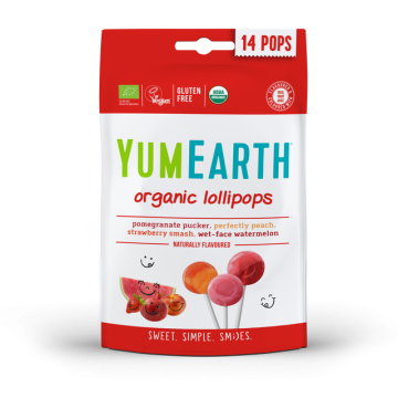 YumEarth, Органическая карамель на палочке со вкусами клубника, арбуз, персик, гранат, 85 г