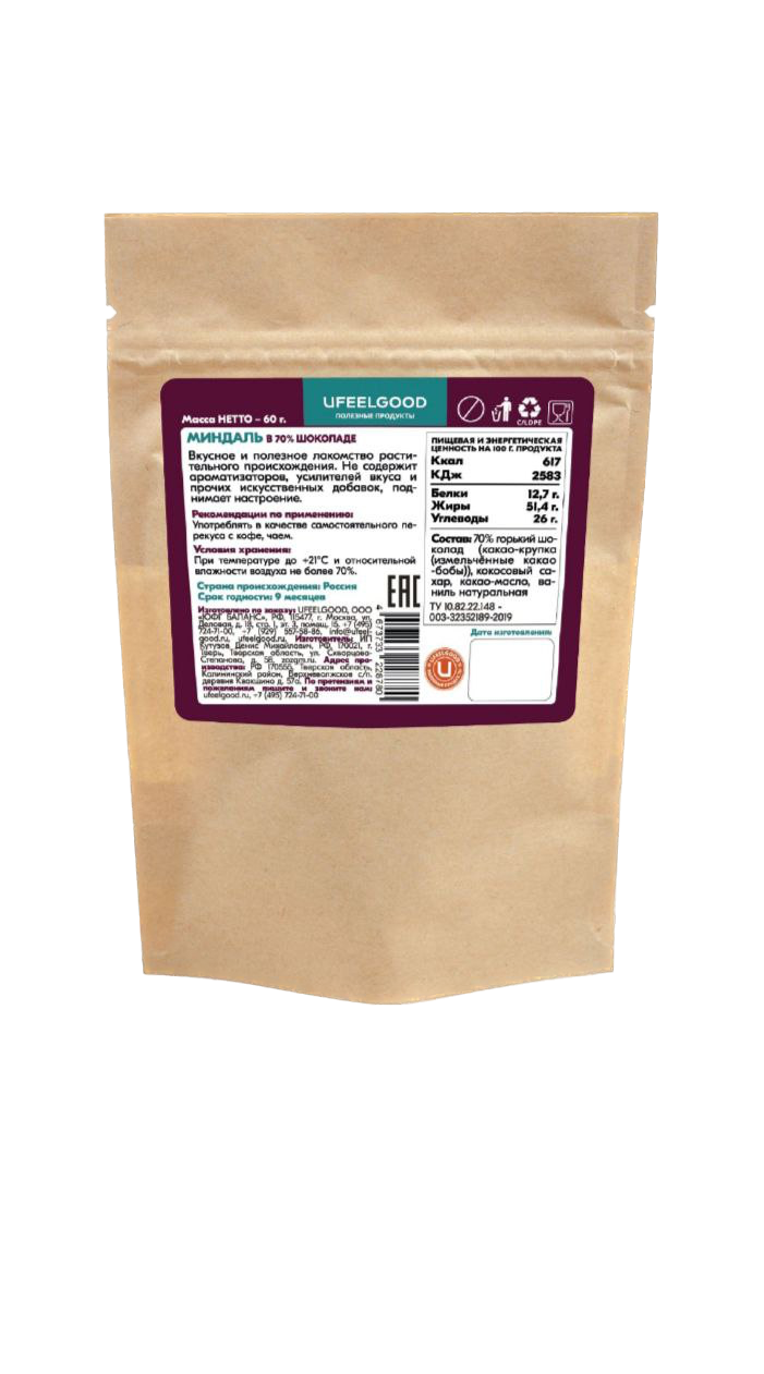 UFEELGOOD, Миндаль в тёмном шоколаде, 60 г