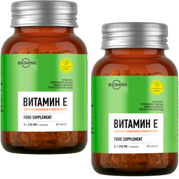 2 × Biomins, Витамин E (комплекс токоферолов и токотриенолов), капсулы, 60 шт.
