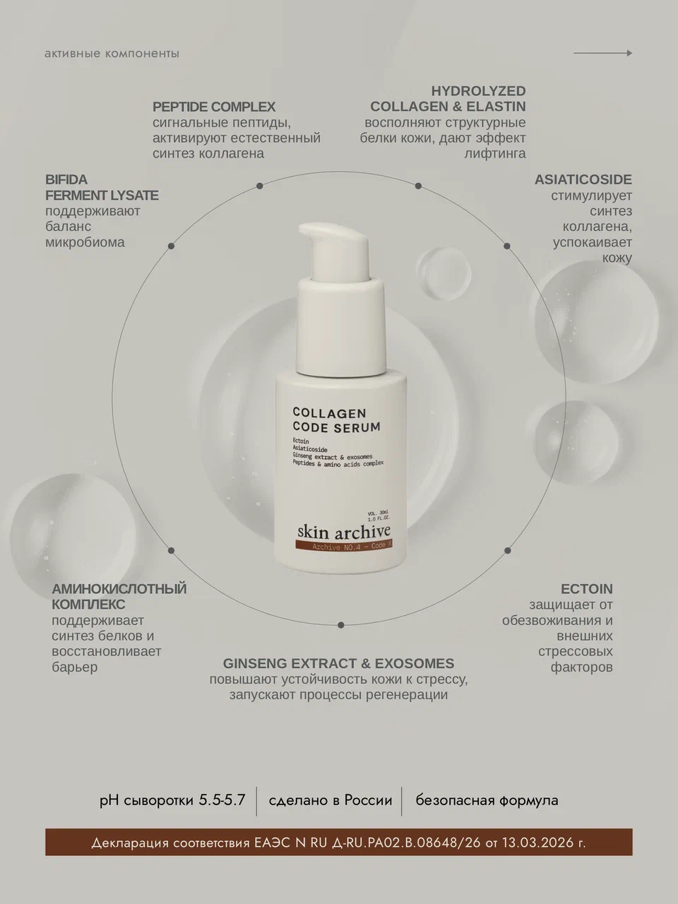 skin archive, Укрепляющая сыворотка для лица Collagen Code Serum для упругости и плотности кожи, 30 мл