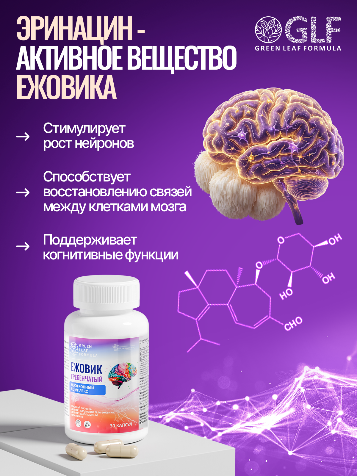 Green Leaf Formula, Ежовик гребенчатый + Бакопа Монье, (ноотропный комплекс), капсулы, 30 шт.