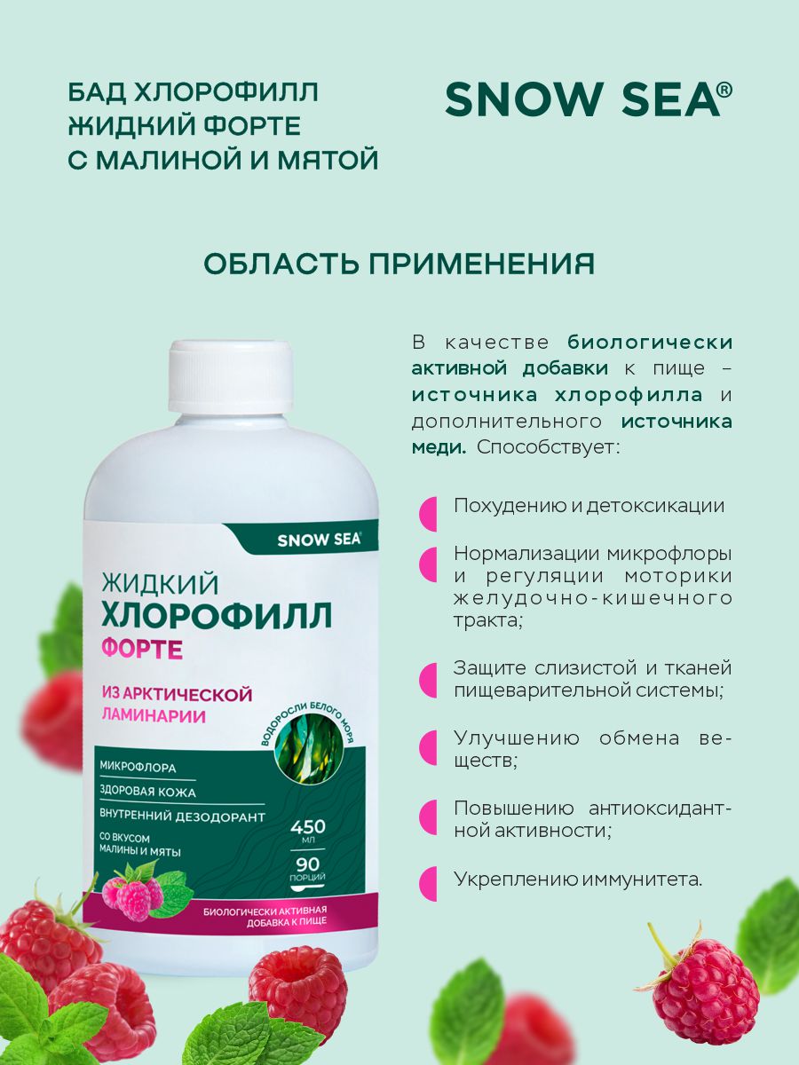 SNOW SEA®, Хлорофилл жидкий со вкусом мяты и малины (для детокса и похудения), жидкость, 450 мл