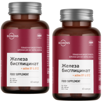 2 × Biomins, Железо (бисглицинат) c B9 и B12, капсулы, 60 шт.