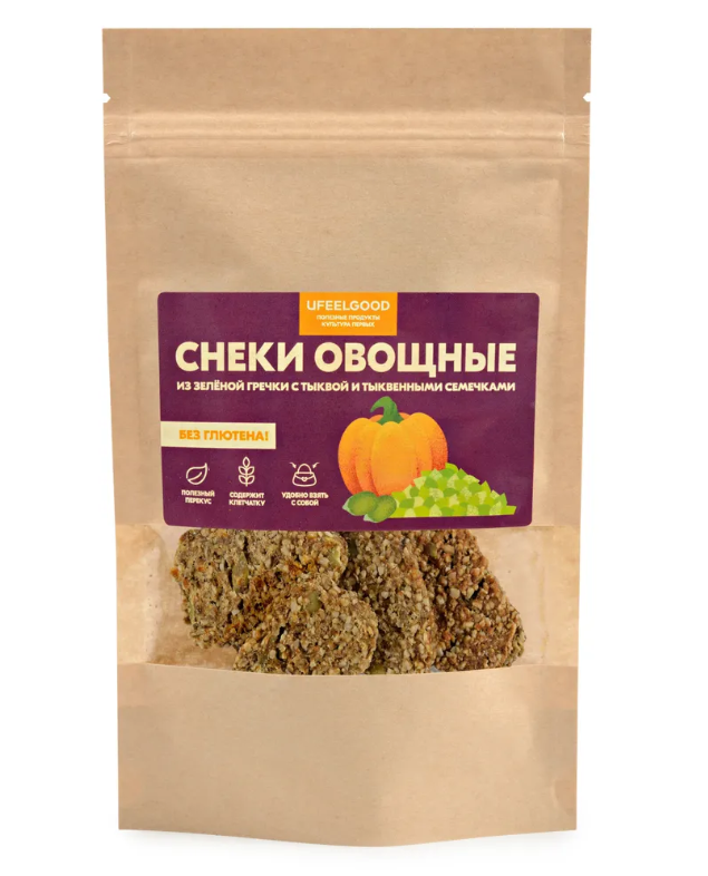 UFEELGOOD, Снеки овощные из зелёной гречки с тыквой, 70 г