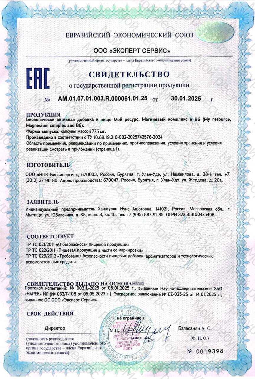 Мой ресурс, Магниевый комплекс и витамин B6 (P-5-P), капсулы, 60 шт.