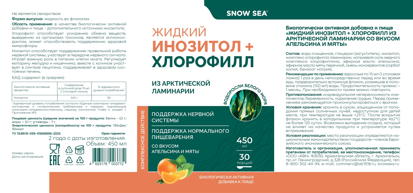SNOW SEA®, Хлорофилл жидкий с инозитолом, со вкусом апельсина и мяты (для контроля стресса), жидкость, 450 мл