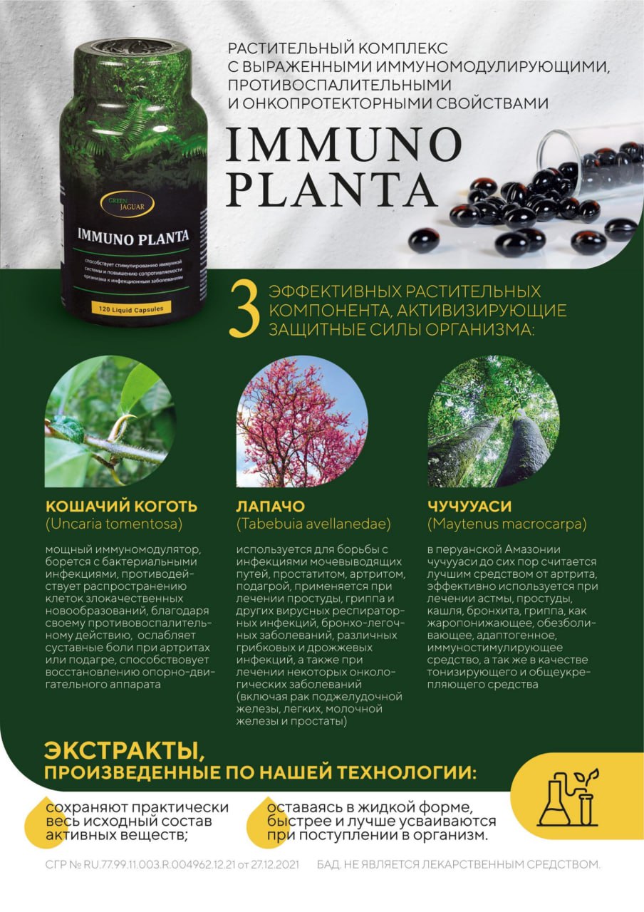 Green Jaguar, Иммуно Планта (растительный комплекс противовоспалительного и антибактериального действия), капсулы, 120 шт.