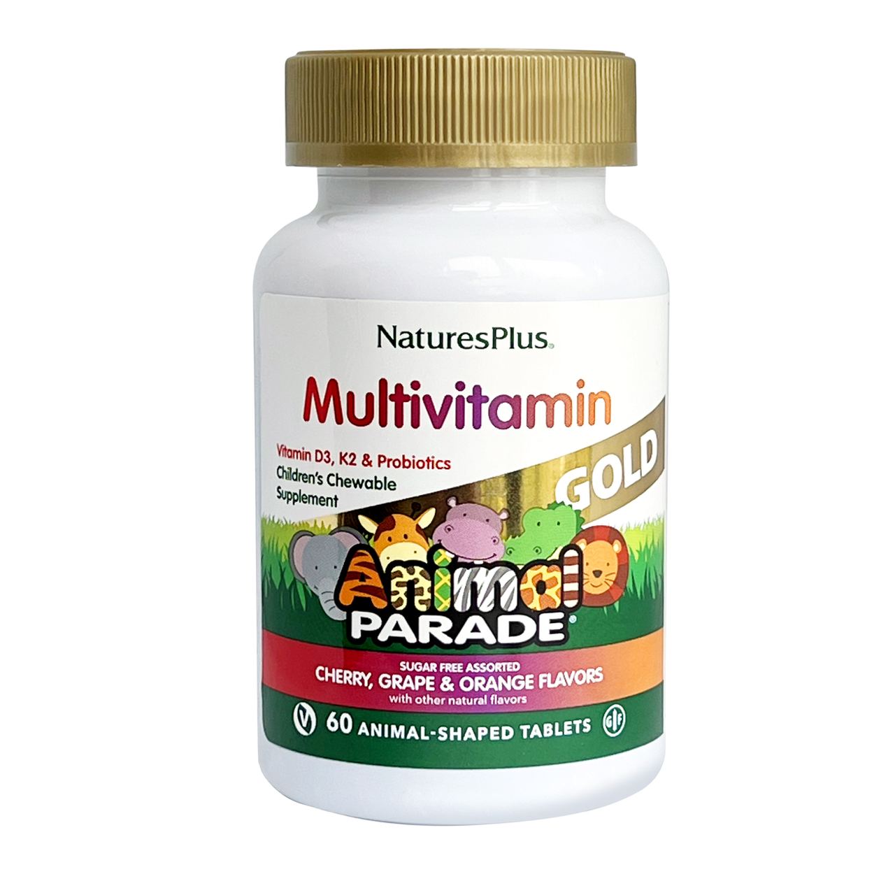 Natures Plus, Animal Parade Gold Multi, Детский мультивитаминный комплекс (вишня, апельсин, виноград), жевательные таблетки, 60 шт.