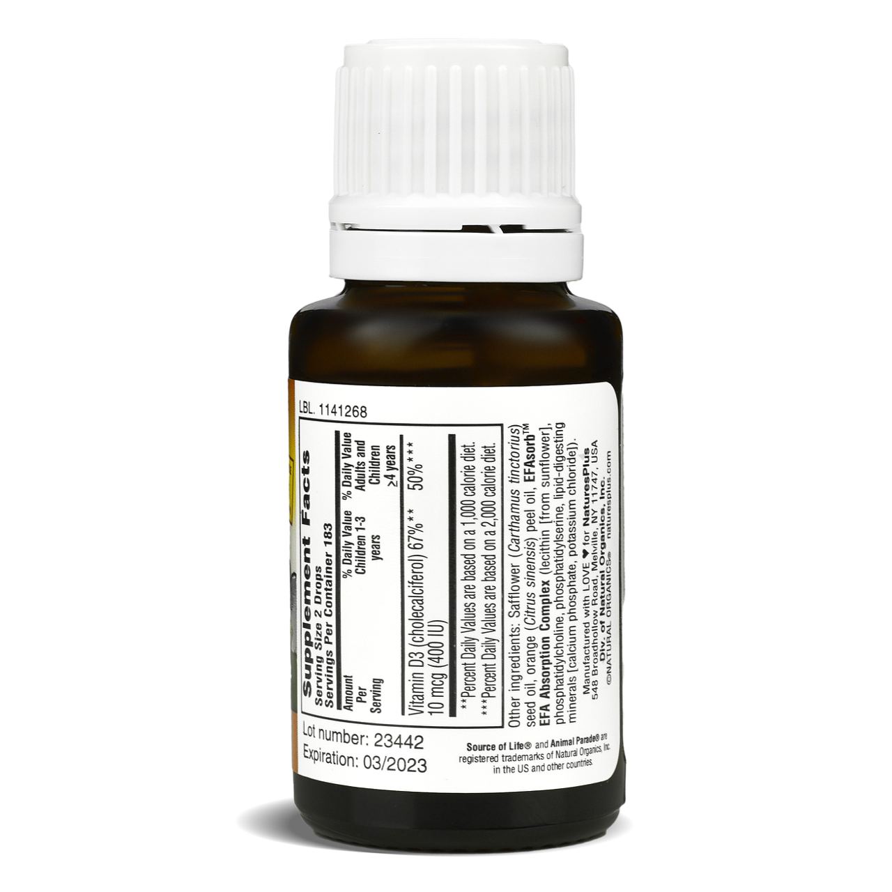NaturesPlus, Animal Parade, Витамин D3 (200 МЕ) для детей с апельсиновым вкусом, жидкость, 10 мл