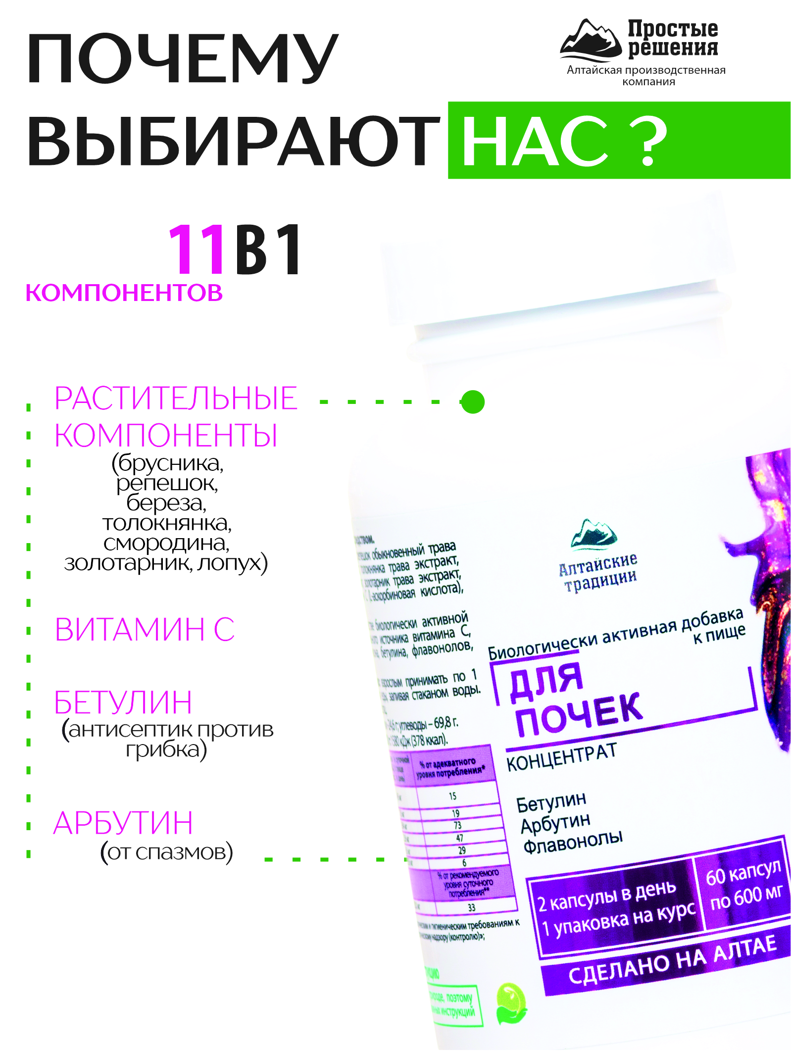 Алтай Простые решения, Для почек с экстрактом клюквы и листьями брусники, капсулы, 60 шт.