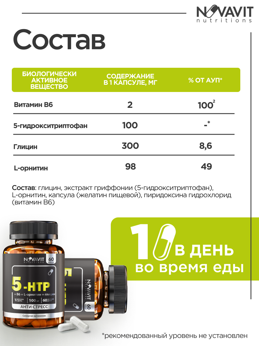 NOVAVIT nutritions, 5-HTP + глицин + L-орнитин + В6, капсулы, 60 шт.
