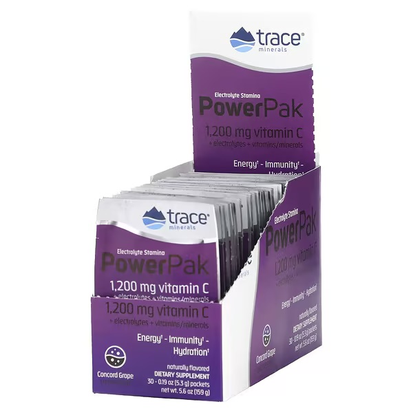 Trace Minerals, PowerPak + stamina (электролит для повышения выносливости), со вкусом винограда сорта «Конкорд», порошок, 30х5,3 г