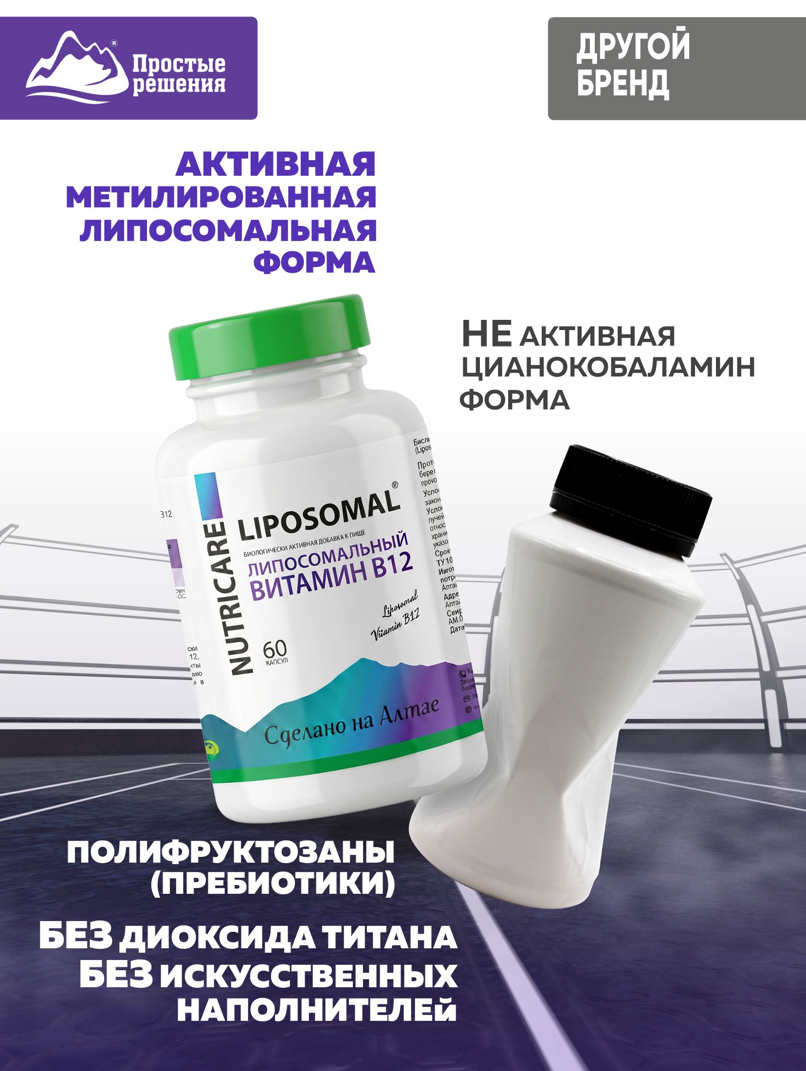 Алтай Простые решения, Липосомальный Витамин B12 (метилкобаламин), капсулы, 60 шт.