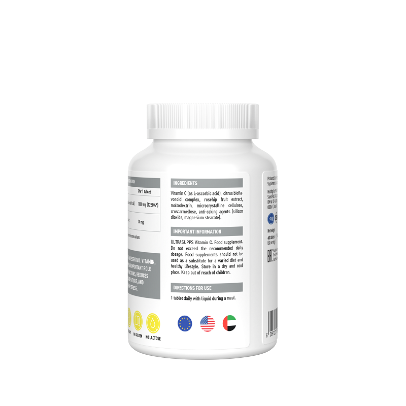 ULTRASUPPS, Витамин C ( L-аскорбиновая кислота), таблетки, 60 шт.