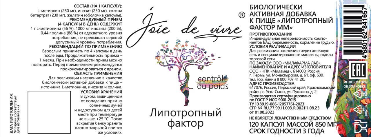 Joie de vivre, Липотропный фактор, капсулы, 120 шт.