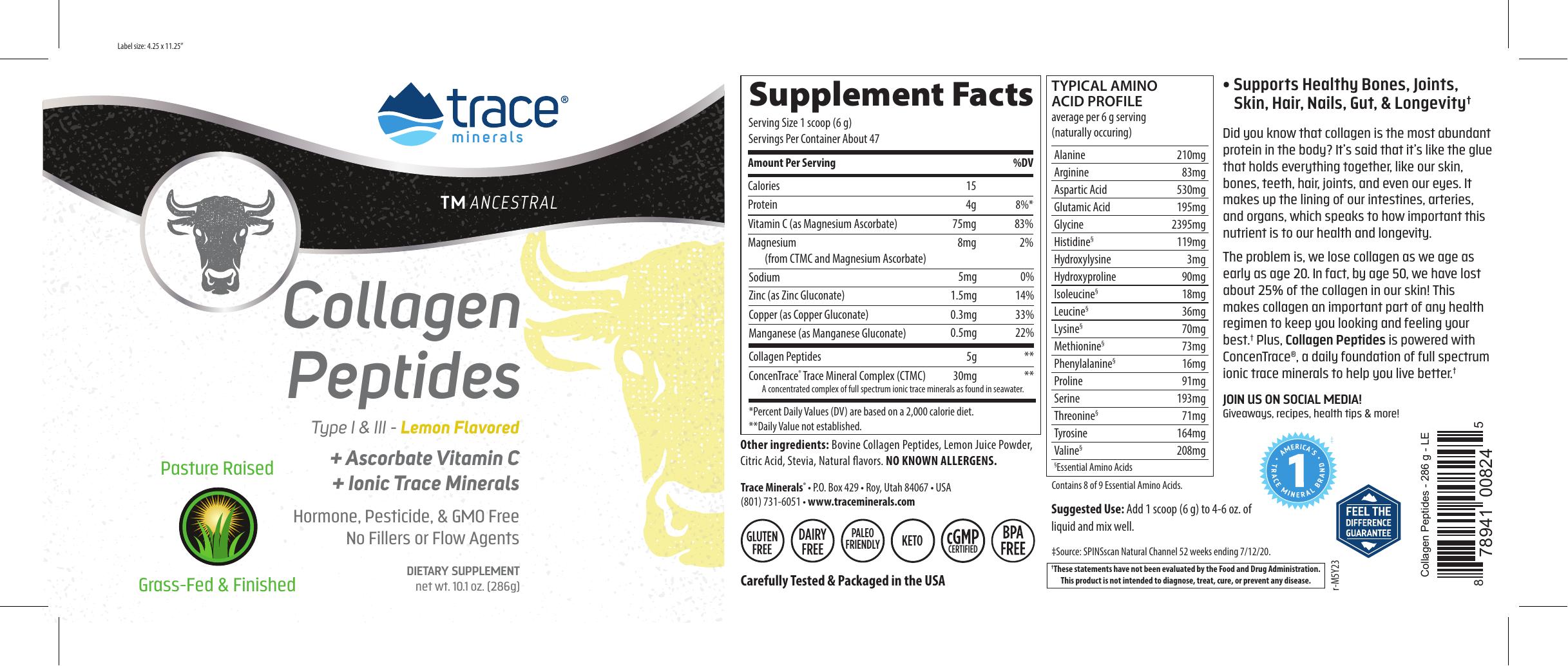 Trace minerals, Коллаген (I и III типа) + витамин С + минералы, со вкусом лимона, порошок, 286 г