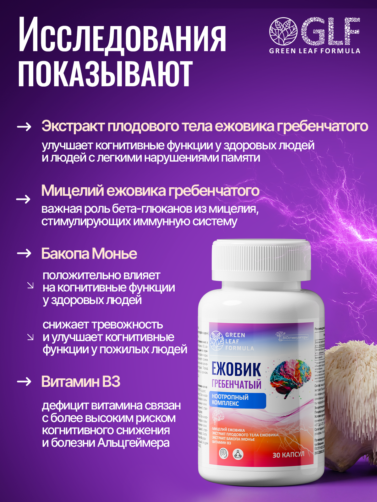Green Leaf Formula, Ежовик гребенчатый + Бакопа Монье, (ноотропный комплекс), капсулы, 30 шт.