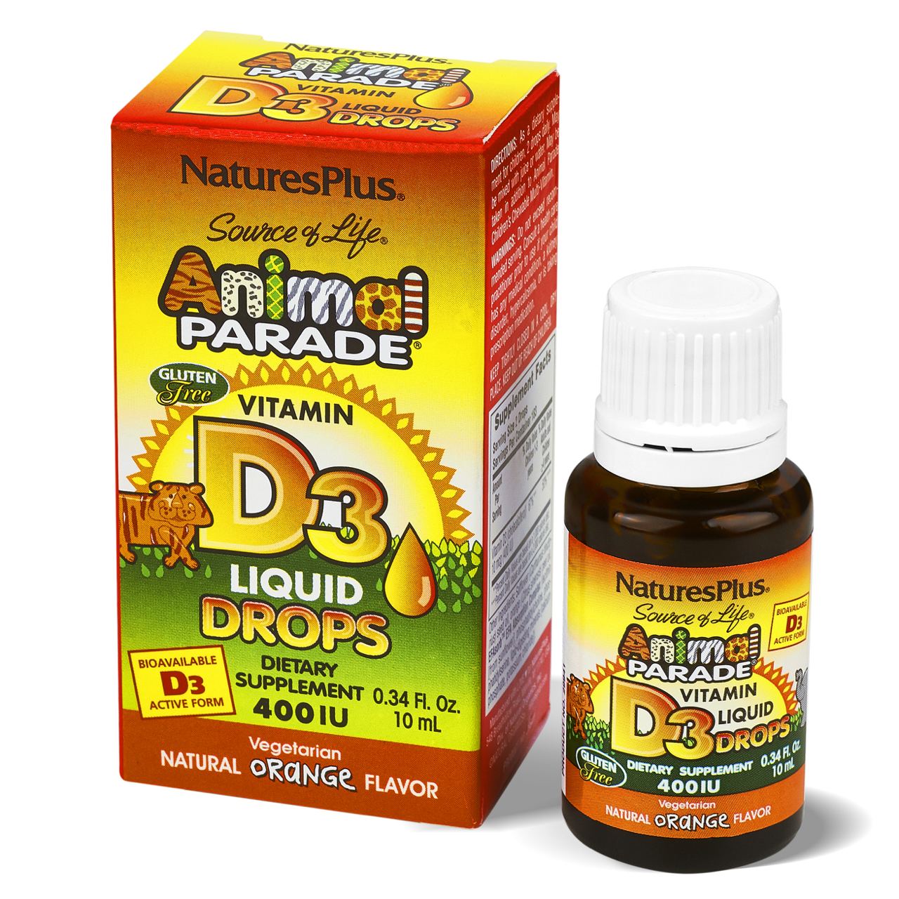 NaturesPlus, Animal Parade, Витамин D3 (200 МЕ) для детей с апельсиновым вкусом, жидкость, 10 мл