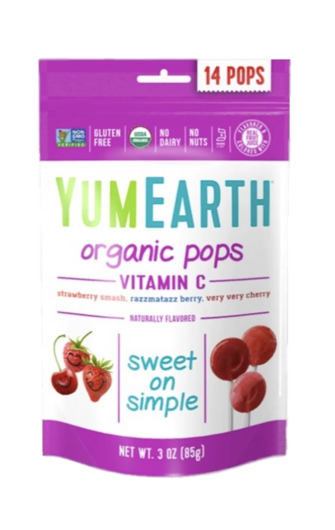 YumEarth, Органическая карамель на палочке с витамином C со вкусами сочная клубника, спелая малина, насыщенная вишня, 85 г.