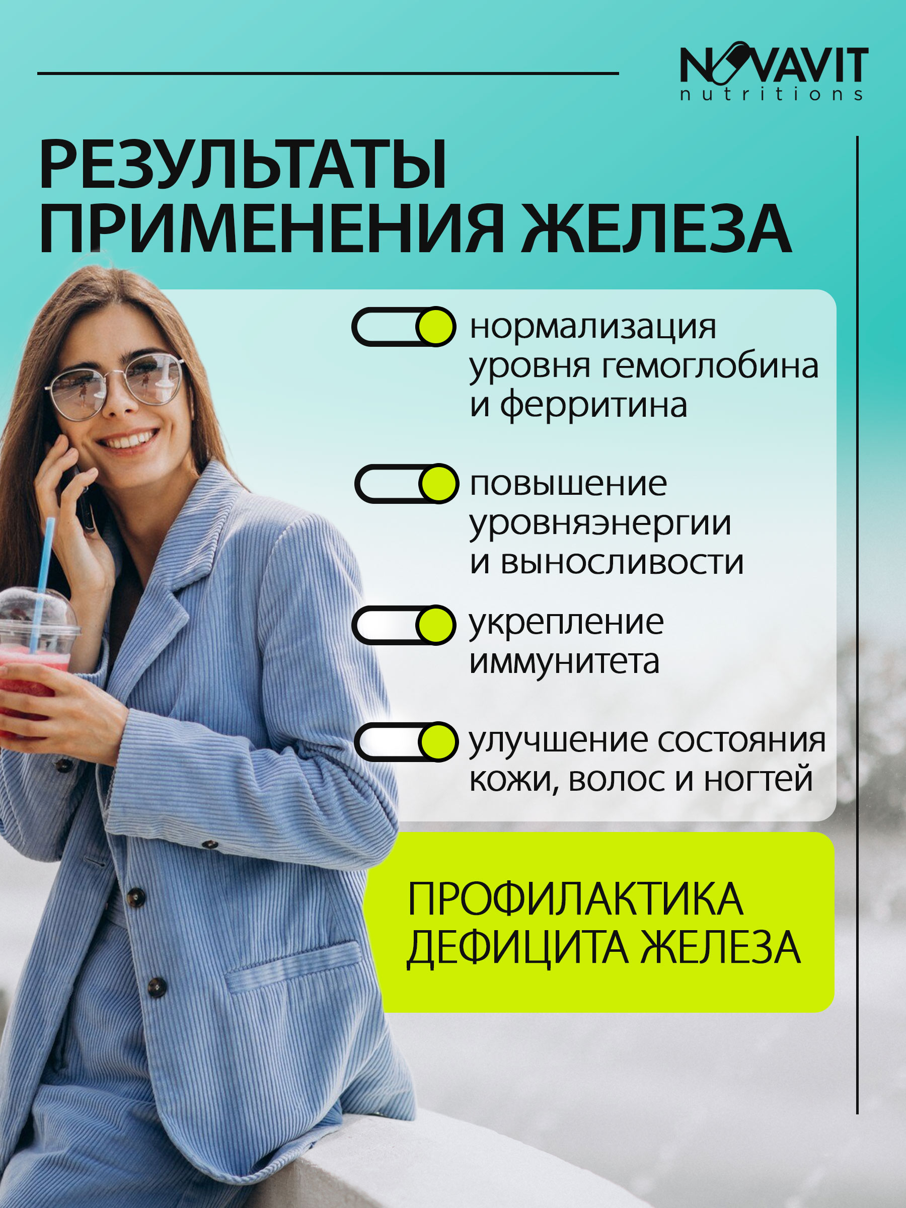 NOVAVIT nutritions, Железо (хелат) + витамины C, B9, B12, капсулы, 90 шт.