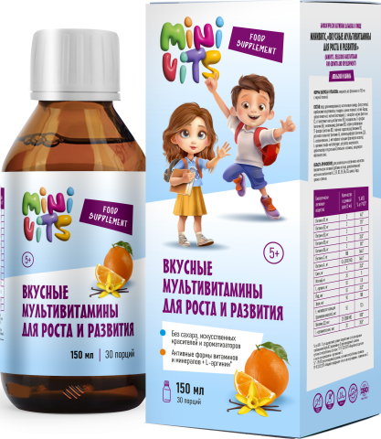 Minivits, Вкусные мультивитамины для роста и развития, со вкусом апельсин-ваниль, жидкость, 150 мл