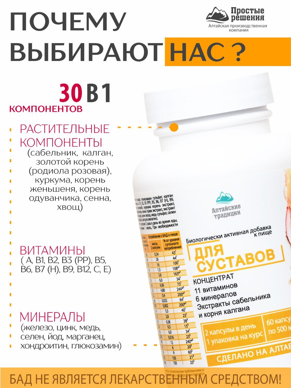 Алтай Простые решения, Концентрат для суставов с экстрактом сабельника и хондроитином +11 витаминов и 6 минералов, капсулы, 60 шт.