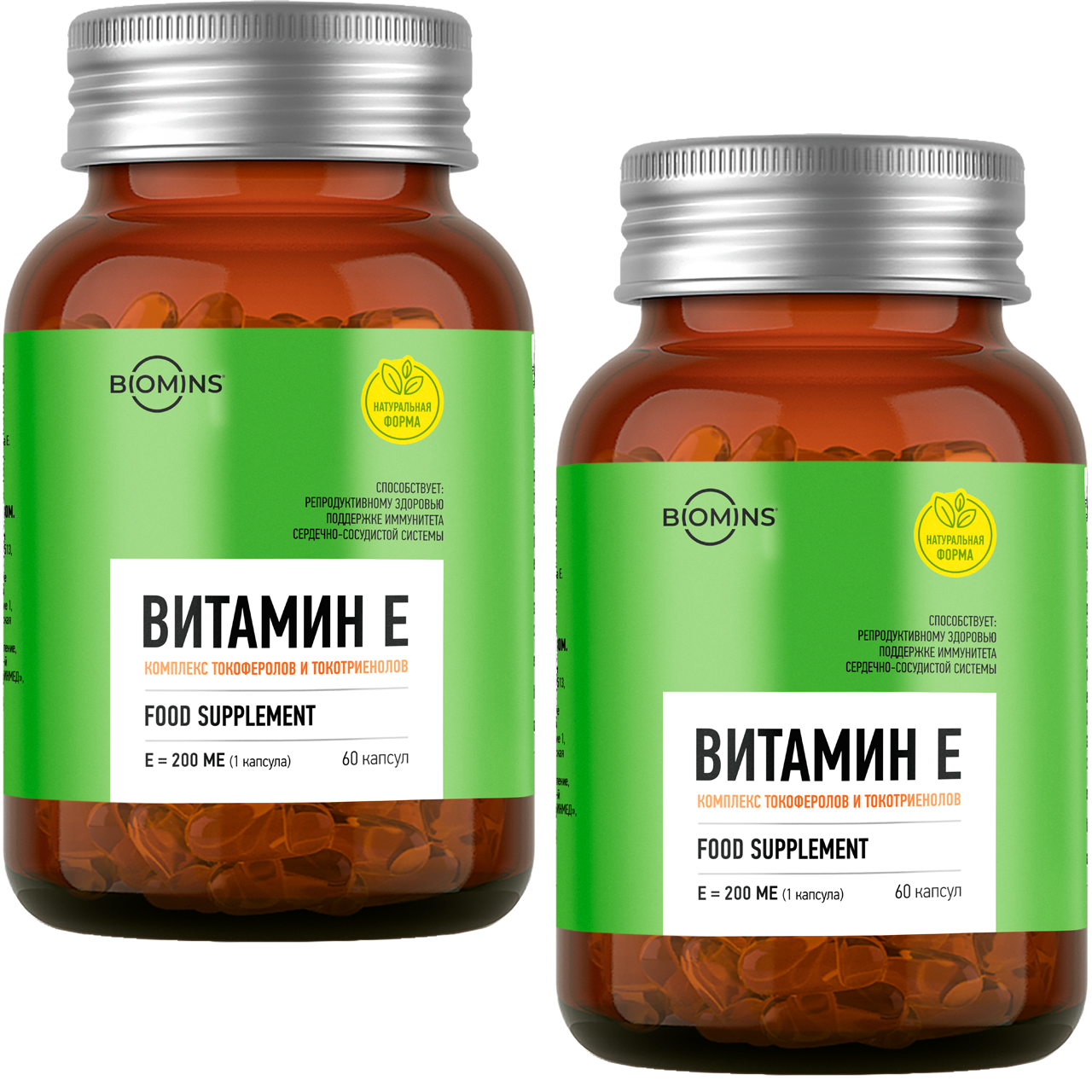 2 × Biomins, Витамин E (комплекс токоферолов и токотриенолов), капсулы, 60 шт.