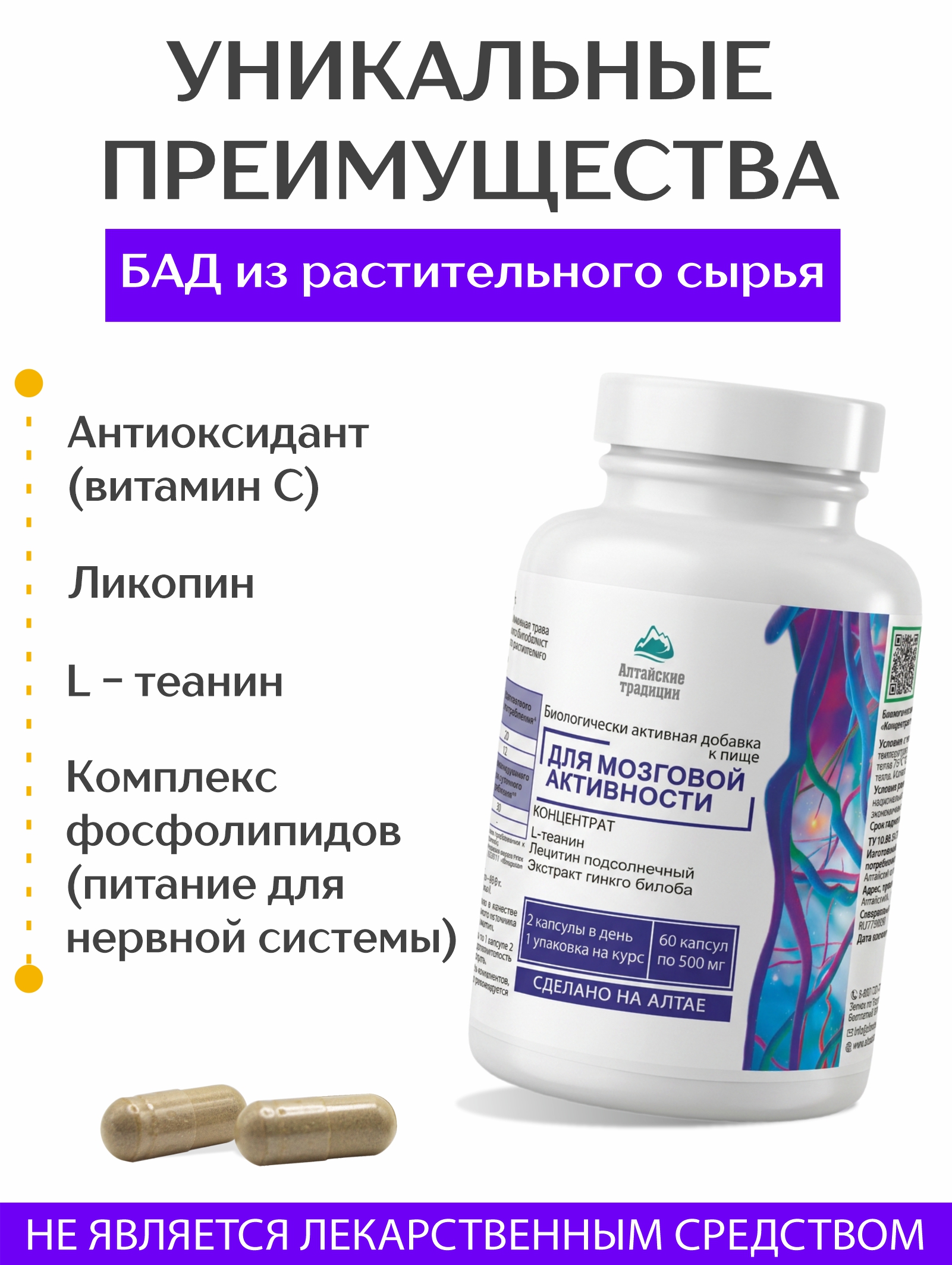 Алтай Простые решения, Концентрат «Мозговая активность» с аминокислотой L-теанин и экстрактом гинкго билоба, капсулы, 60 шт.