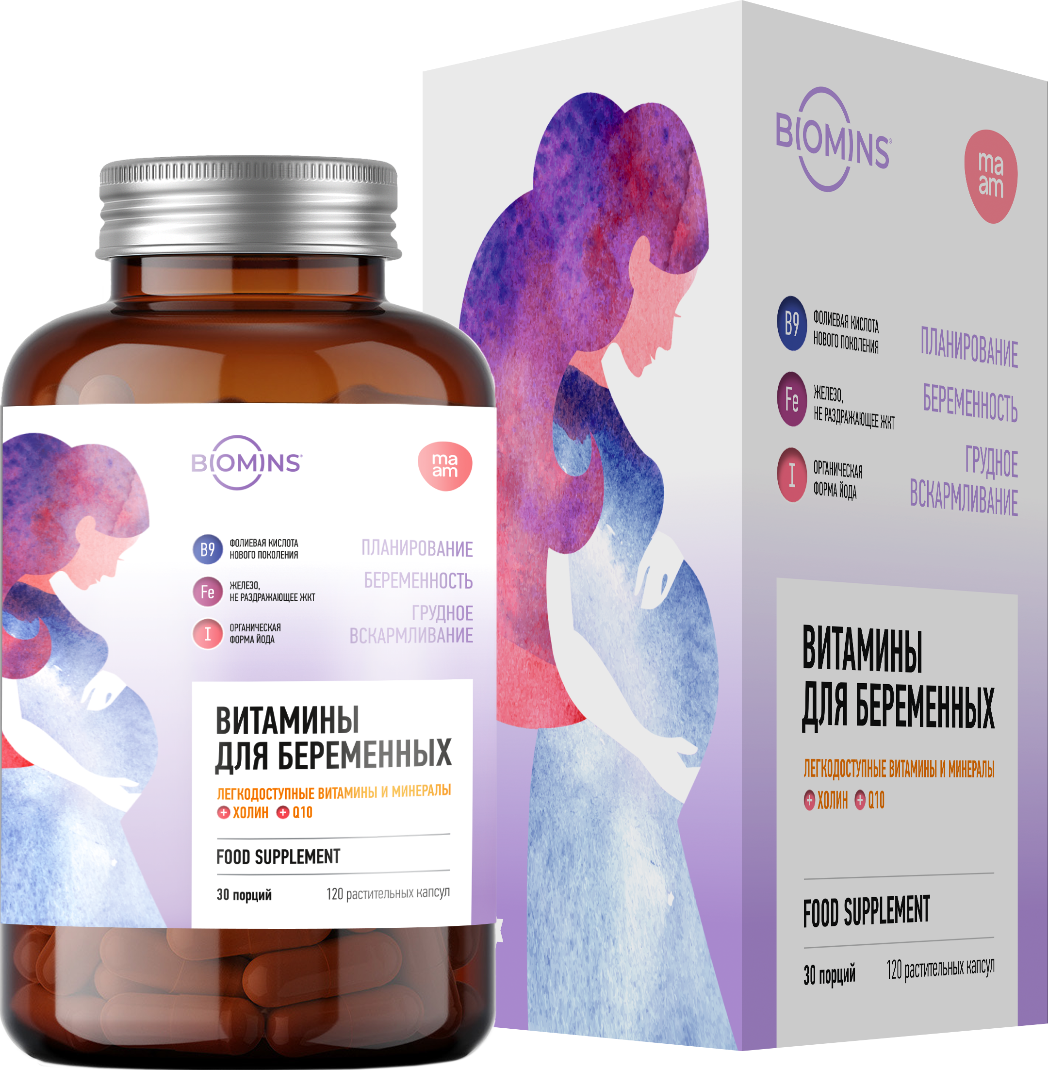 Biomins x maam, Витаминно-минеральный комплекс для планирующих беременность, беременных и кормящих женщин, растительные капсулы, 120 шт.
