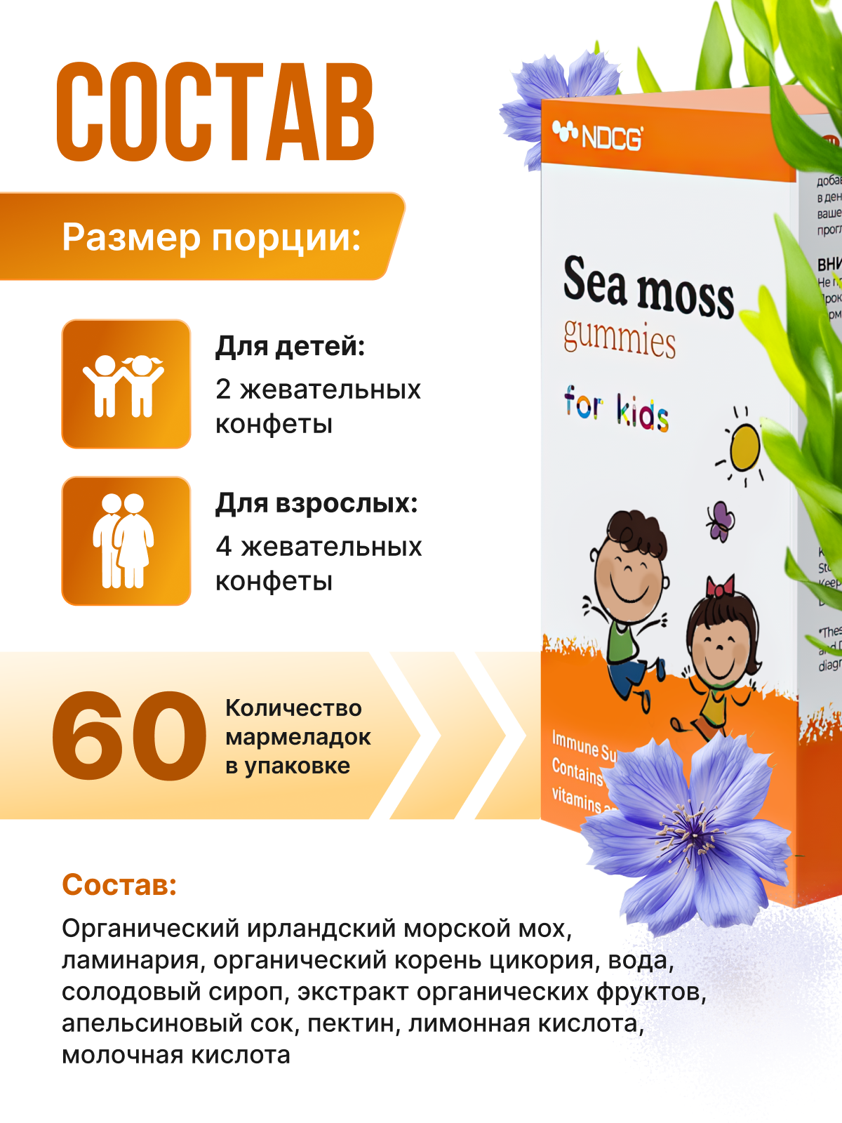 NDCG, Sea Moss for kids (ирландский мох), со вкусом апельсина, жевательные конфеты, 60 шт.