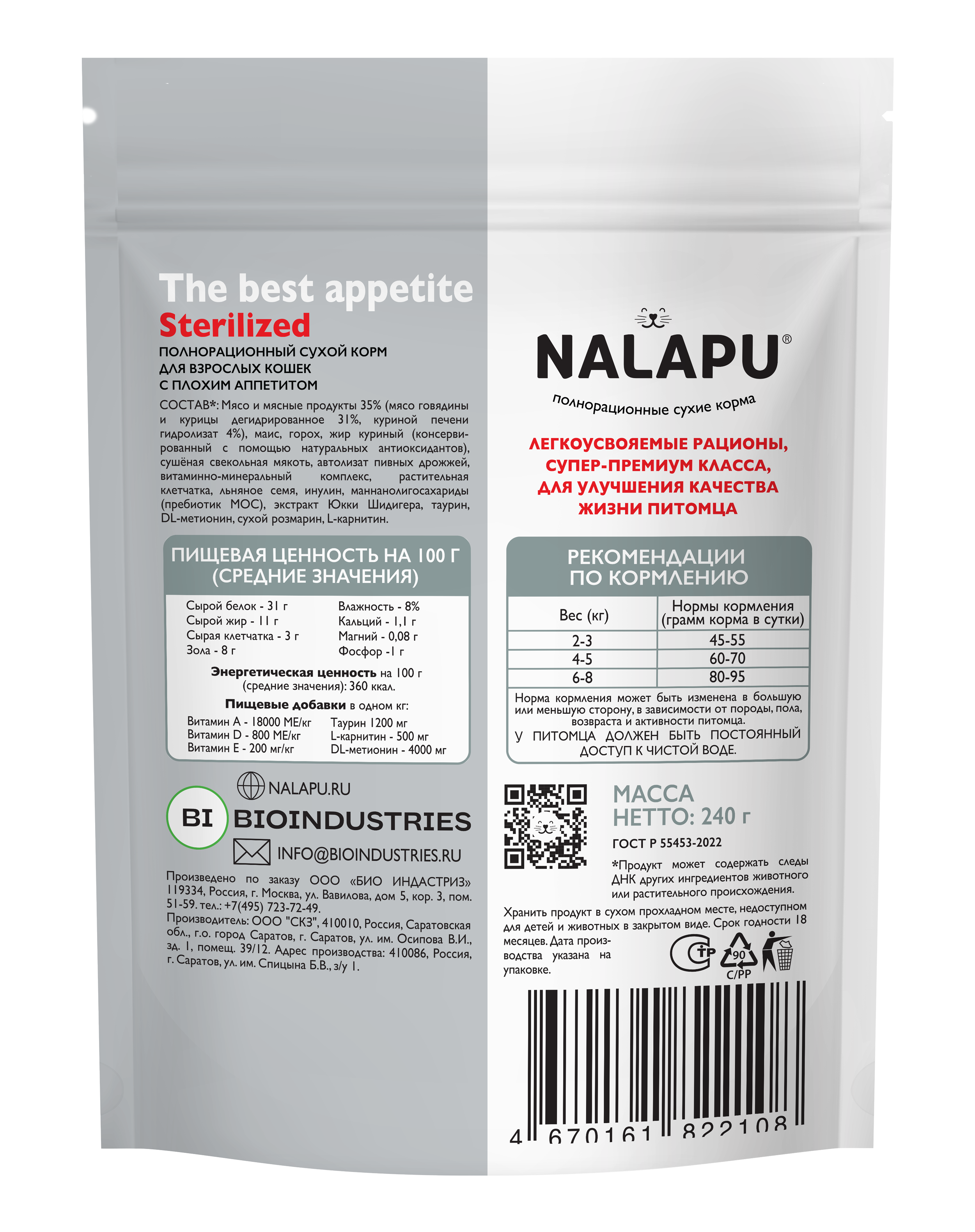 NALAPU, Сухой корм для взрослых кошек The Best appetite Sterilized, с говядиной и курицей, 240 г