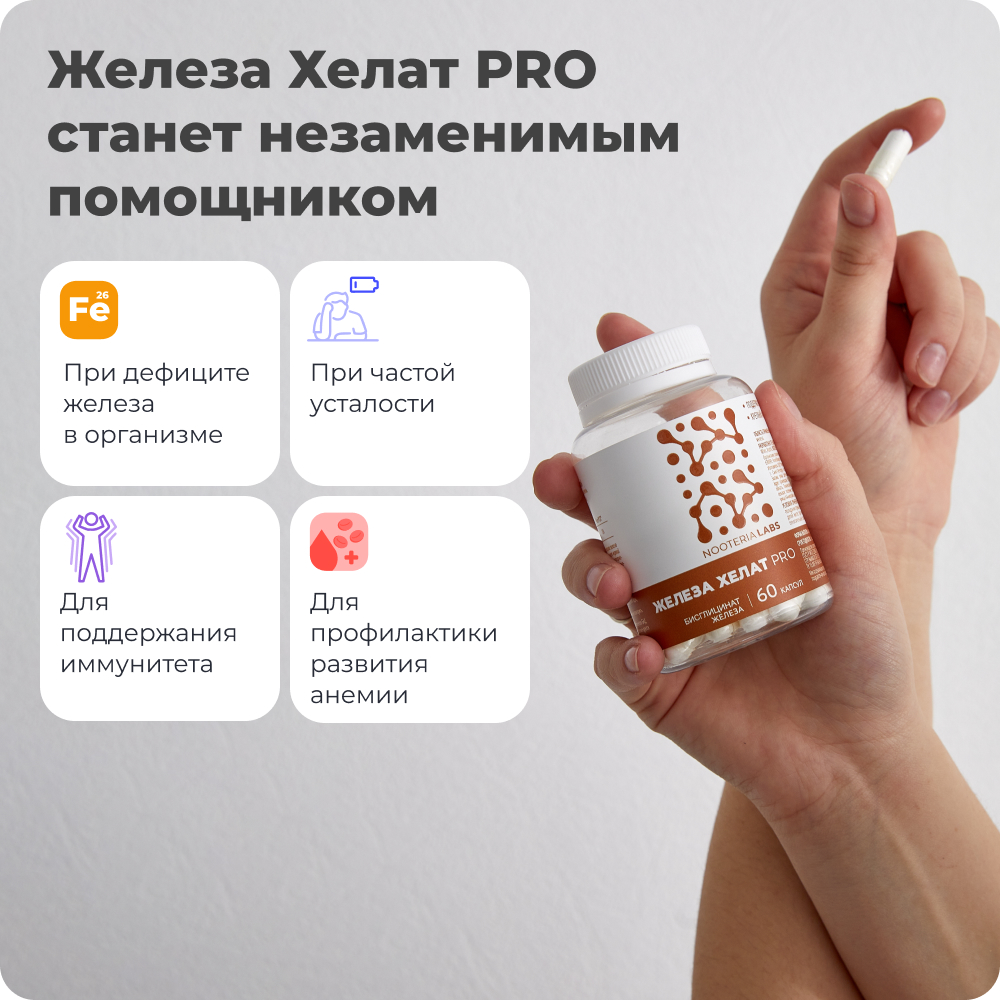 Nooteria Labs, Железа Хелат PRO (бисглицинат железа), капсулы, 60 шт.