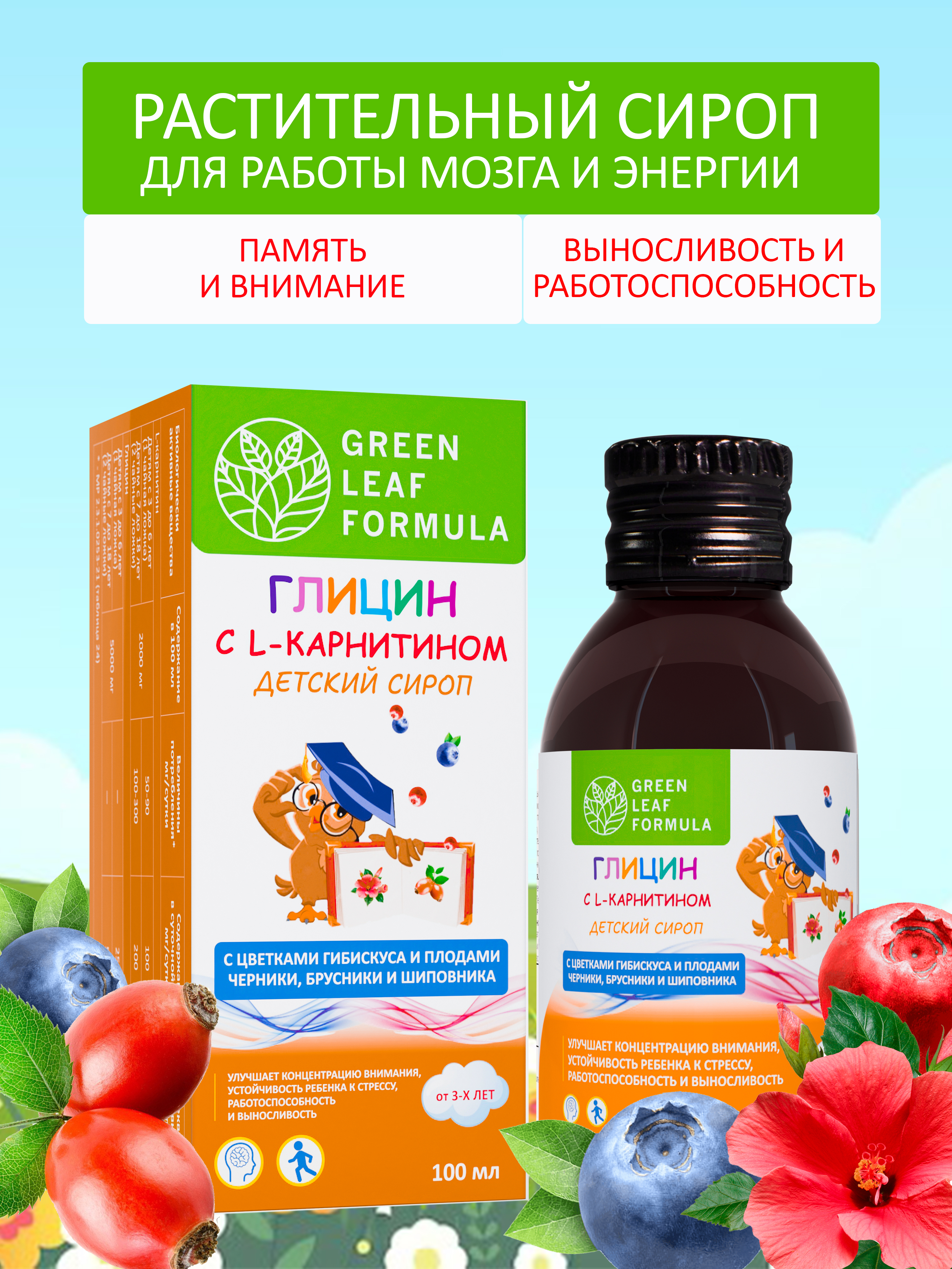 Green Leaf Formula, Детский сироп Глицин с L-карнитином (для работы мозга), жидкость, 100 мл