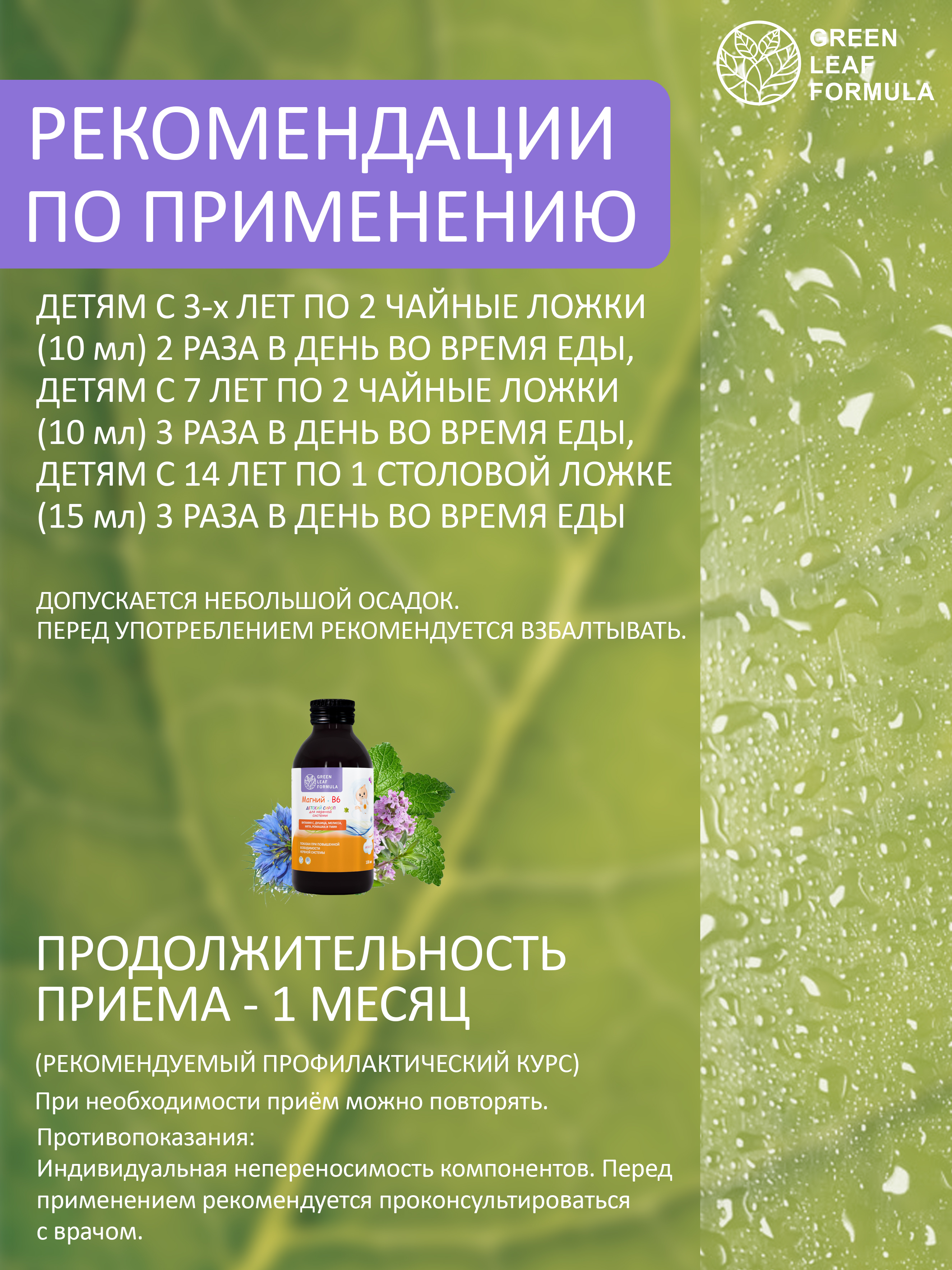 Green Leaf Formula, Детский сироп MG & B6 (для нервной системы), жидкость, 100 мл