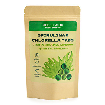 UFEELGOOD, Спирулина и хлорелла прессованные в таблетках, (микс 2в1), 100 г