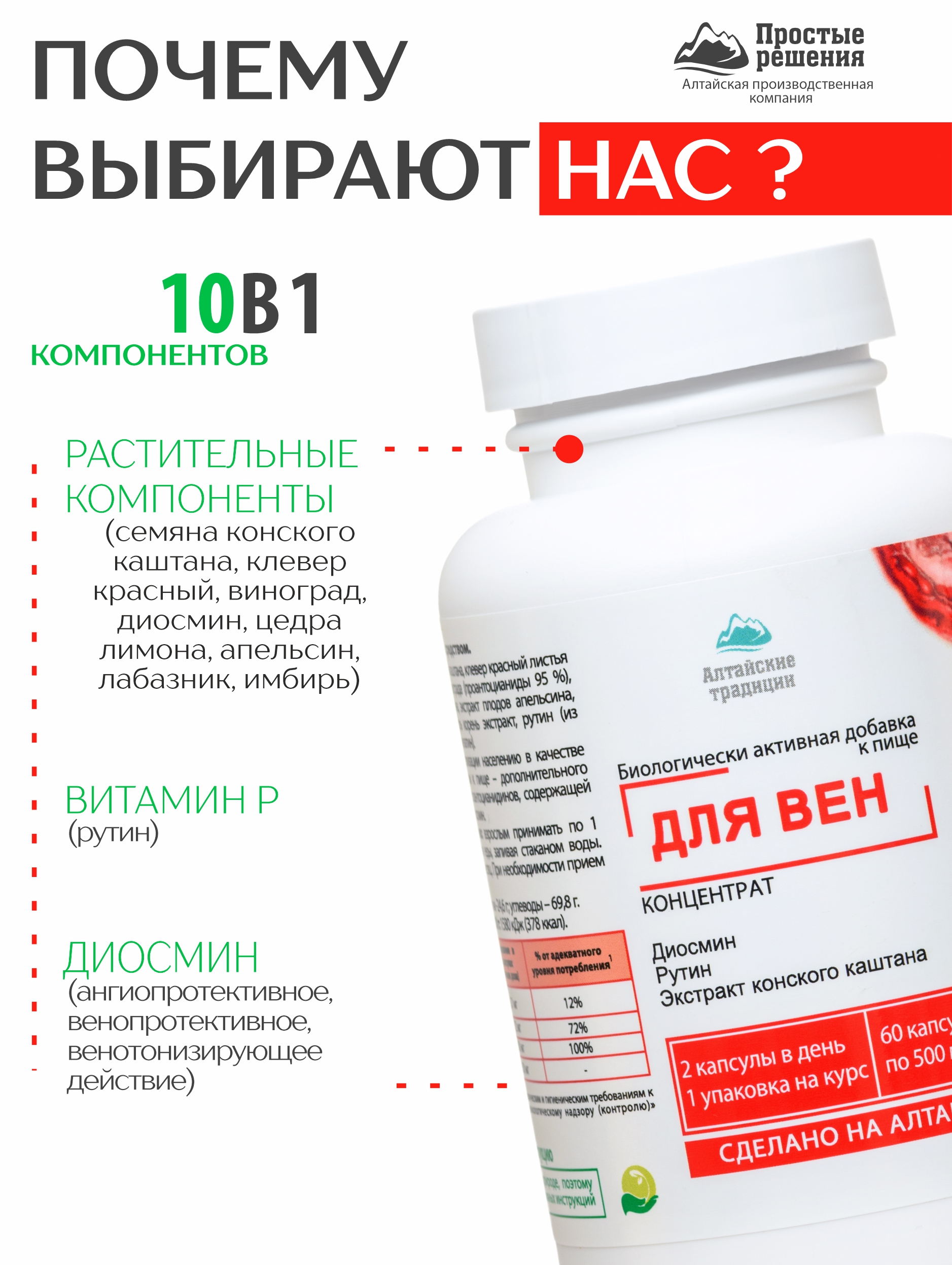 Алтай Простые решения, Концентрат «Для вен» с рутином, диосмином и экстрактом виноградной косточки, капсулы, 60 шт.