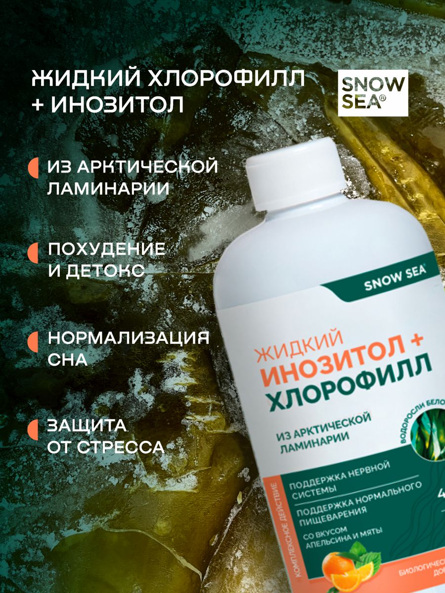 SNOW SEA®, Хлорофилл жидкий с инозитолом, со вкусом апельсина и мяты (для контроля стресса), жидкость, 450 мл
