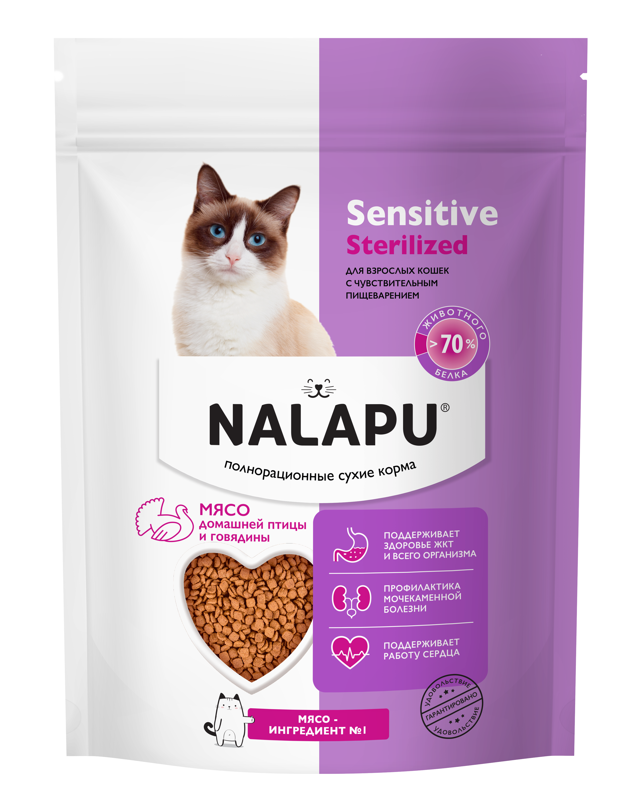 NALAPU, Сухой корм для взрослых кошек Sensitive Sterilized, с мясом домашней птицей и говядины, 240 г