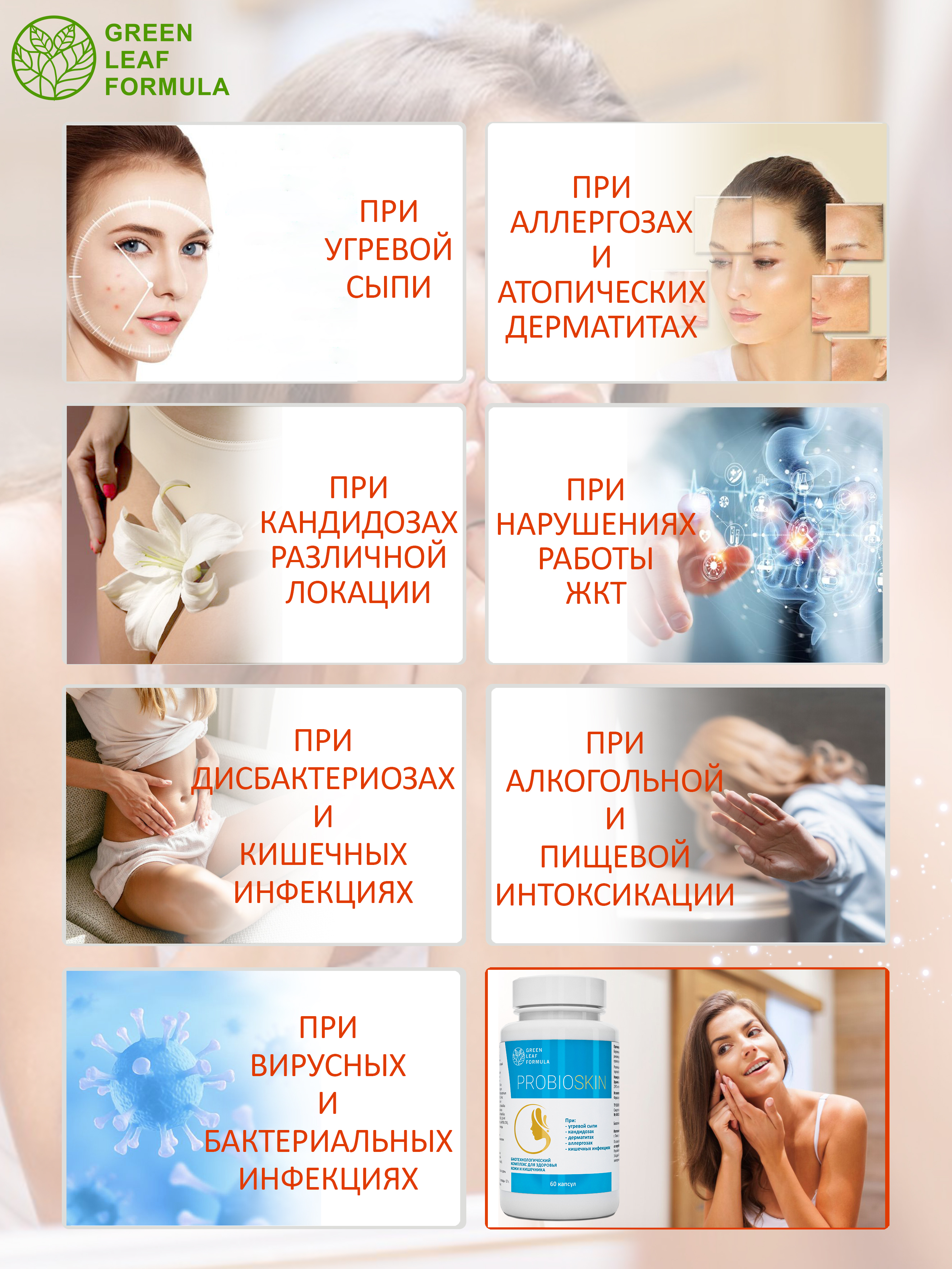 Green Leaf Formula, PROBIOSKIN (комплекс для здоровья кожи и кишечника), капсулы, 60 шт.