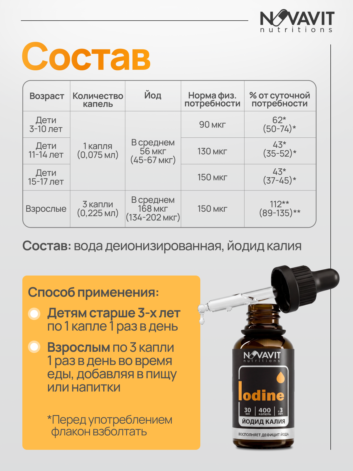 NOVAVIT nutritions, Йодид калия, капли, 30 мл.