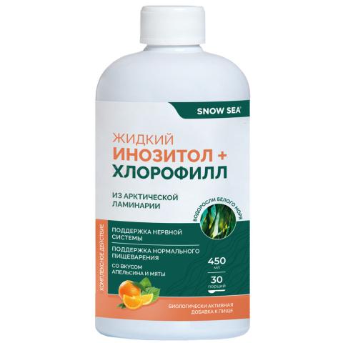 SNOW SEA®, Хлорофилл жидкий с инозитолом, со вкусом апельсина и мяты (для контроля стресса), жидкость, 450 мл