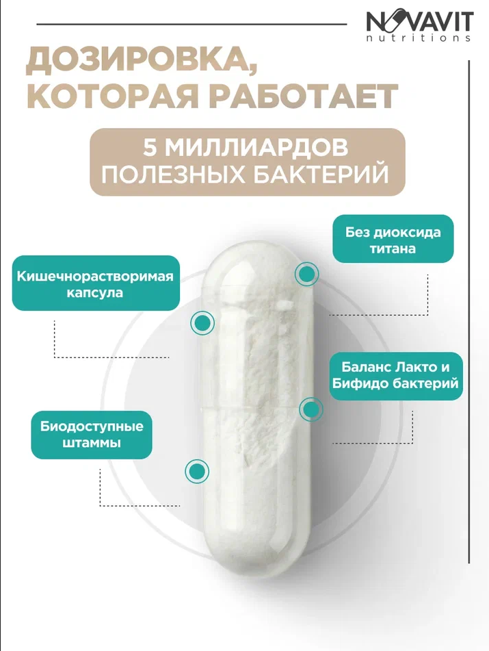NOVAVIT nutritions, Пробиотики, для кишечника и пищеварения, капсулы, 60 шт.