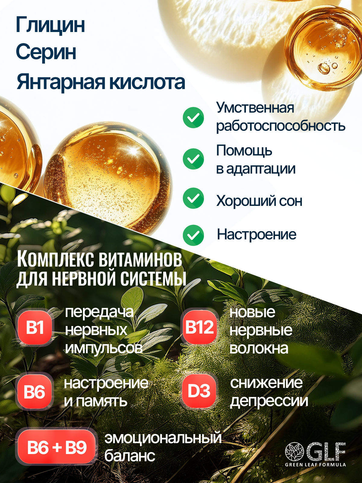 Green Leaf Formula, Глицин + Серин (для спокойствия), капсулы, 60 шт.